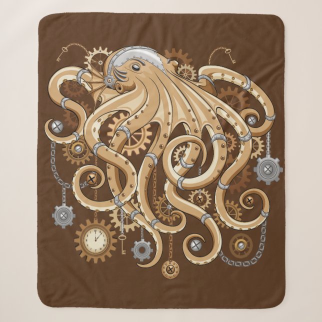 Octopus Steampunk Retro Mechanical Fantasy Sherpa Blanket (Front)