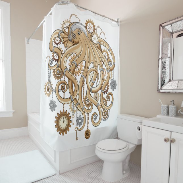 Octopus Steampunk Retro Mechanical Fantasy Shower Curtain (In Situ)