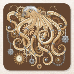 Octopus Steampunk Retro Mechanical Fantasy Square Paper Coaster
