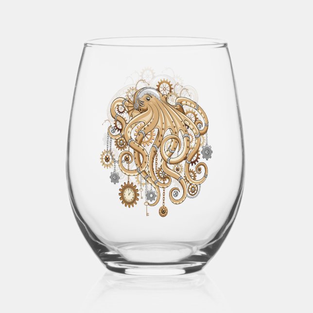 Octopus Steampunk Retro Mechanical Fantasy Stemless Wine Glass (Front)