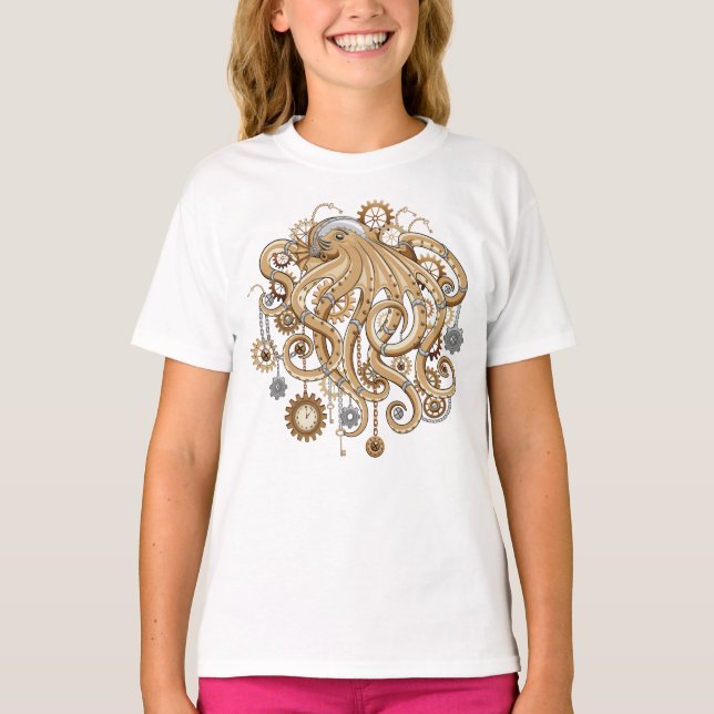 Octopus Steampunk Retro Mechanical Fantasy T-Shirt (Front)