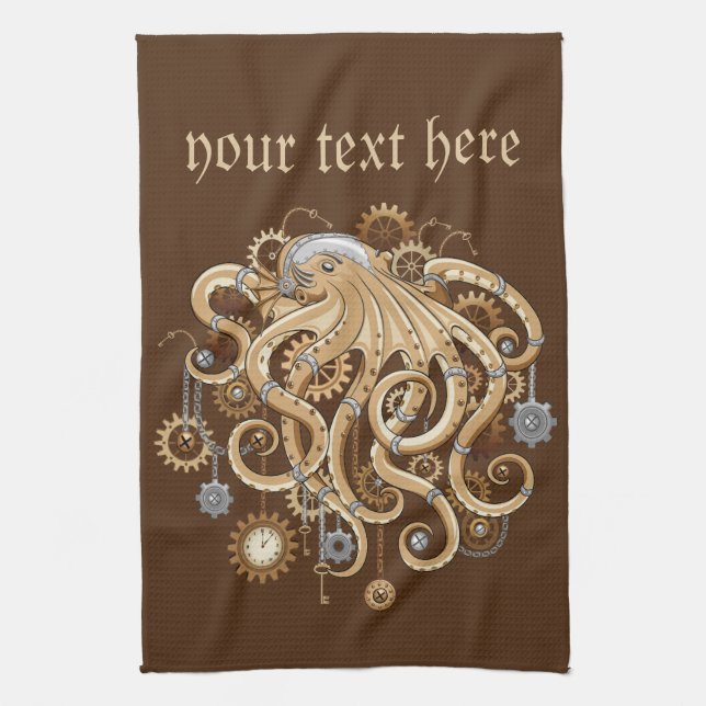 Octopus Steampunk Retro Mechanical Fantasy Tea Towel (Vertical)
