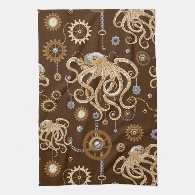 Octopus Steampunk Retro Mechanical Fantasy Tea Towel (Vertical)