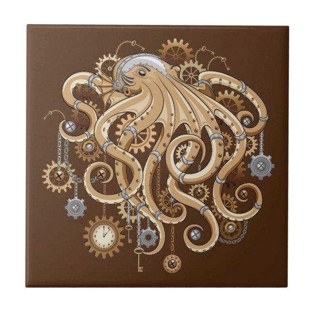 Octopus Steampunk Retro Mechanical Fantasy Tile (Front)