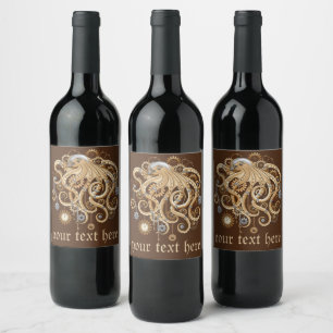 Octopus Steampunk Retro Mechanical Fantasy Wine Label