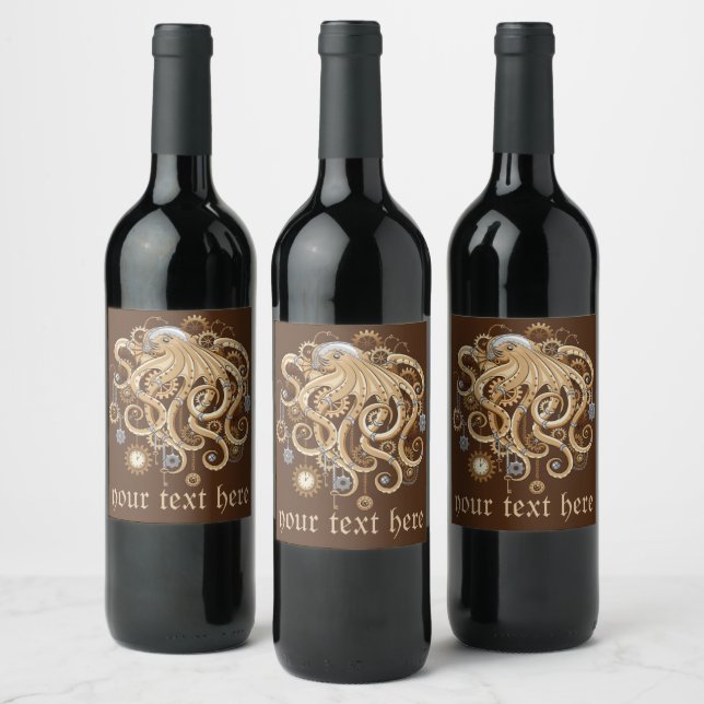 Octopus Steampunk Retro Mechanical Fantasy Wine Label (Bottles)