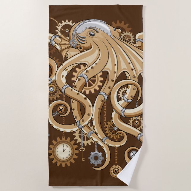 Octopus Steampunk Surreal Retro Style Machine   Beach Towel (Front)