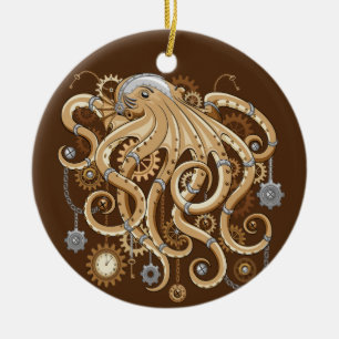 Octopus Steampunk Surreal Retro Style Machine Ceramic Tree Decoration