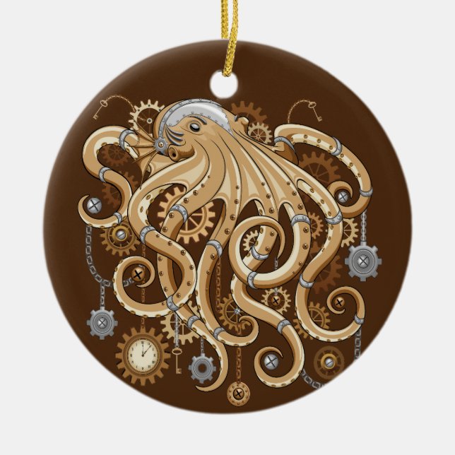 Octopus Steampunk Surreal Retro Style Machine  Ceramic Tree Decoration (Front)