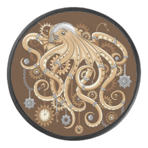 Octopus Steampunk Surreal Retro Style Machine Pin Hockey Puck