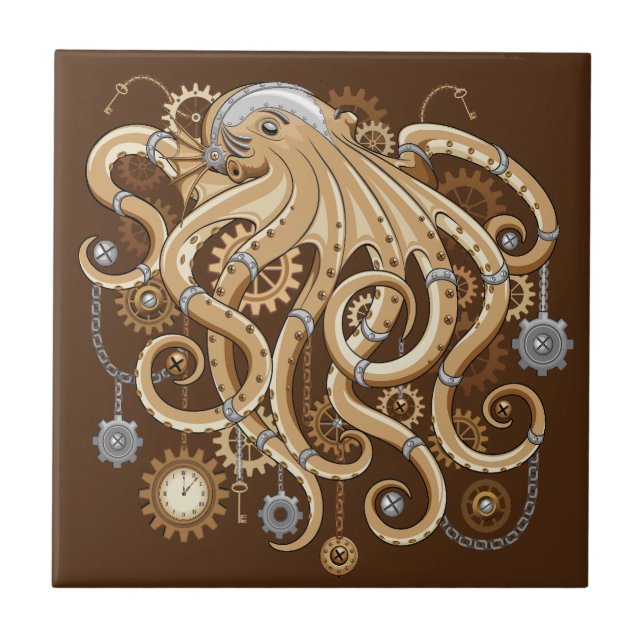 Octopus Steampunk Surreal Retro Style Machine  Tile (Front)