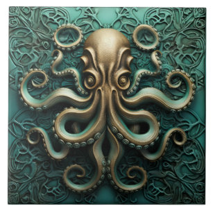 Octopus Teal and Copper Marine Life Aquatic Tile