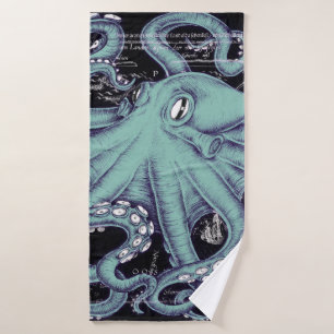 Octopus Teal vintage map Ink Bath Towel Set