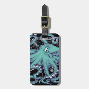 Octopus Teal vintage map Ink Luggage Tag