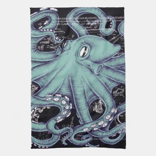 Octopus Teal vintage map Ink Tea Towel (Vertical)