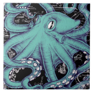 Octopus Teal vintage map Ink Tile