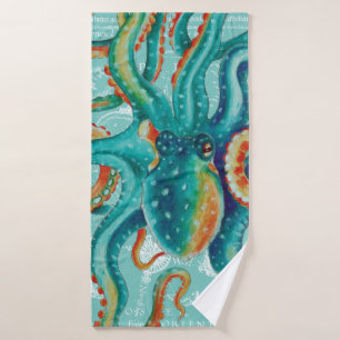 Octopus Teal Vintage Map Watercolor Bath Towel Set