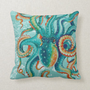 Octopus Teal Vintage Map Watercolor Cushion