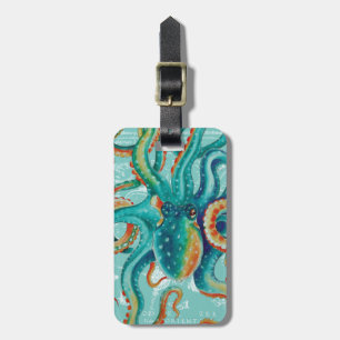 Octopus Teal Vintage Map Watercolor Luggage Tag