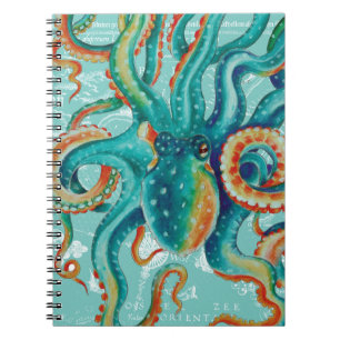 Octopus Teal Vintage Map Watercolor Notebook