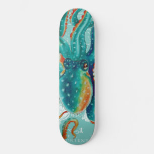 Octopus Teal Vintage Map Watercolor Skateboard