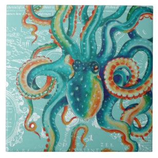 Octopus Teal Vintage Map Watercolor Tile