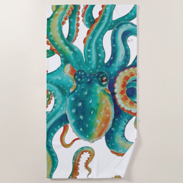 Octopus Teal Watercolor Art Beach Towel (Front)