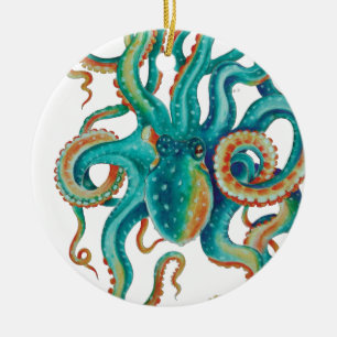 Octopus Teal Watercolor Art Ceramic Tree Decoration