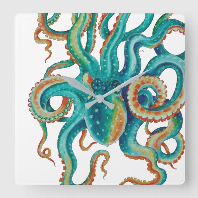Octopus Teal Watercolor Art Square Wall Clock (Front)