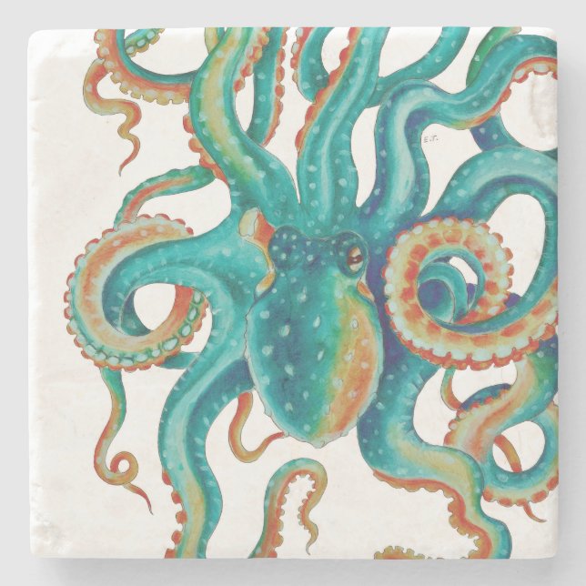Octopus Teal Watercolor Art Stone Coaster (Front)