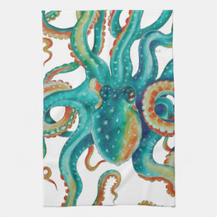 Octopus Teal Watercolor Art Tea Towel