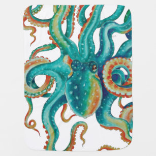 Octopus Teal Watercolor Tentacles Watercolor Baby Blanket