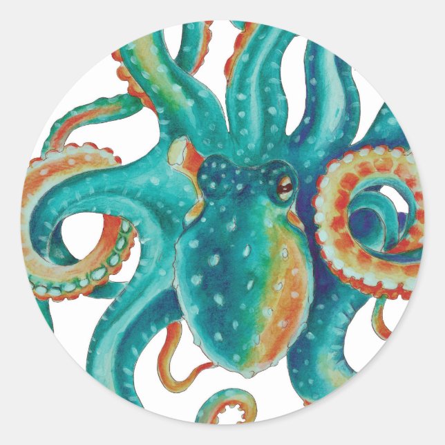 Octopus Teal Watercolor Tentacles Watercolor Classic Round Sticker (Front)