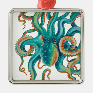 Octopus Teal Watercolor Tentacles Watercolor Metal Tree Decoration