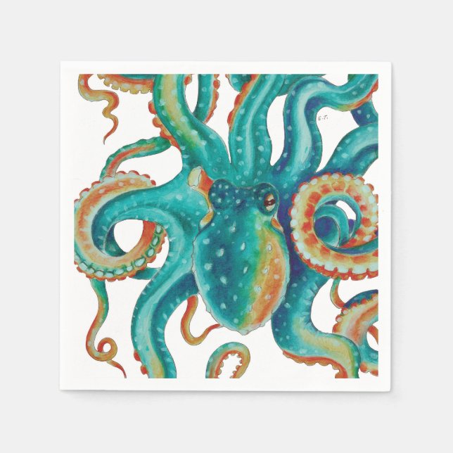 Octopus Teal Watercolor Tentacles Watercolor Napkin (Front)