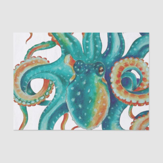 Octopus Teal Watercolor Tentacles Watercolor Tissue Paper (Front)