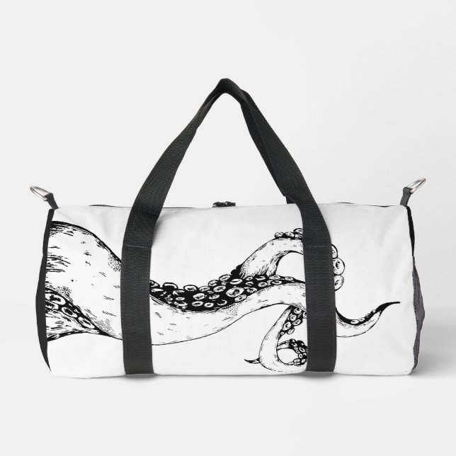 octopus tentacles black on white duffle bag (Front)