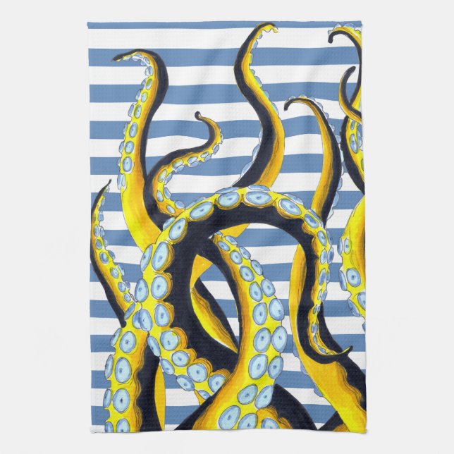 Octopus Tentacles Blue Stripes Tea Towel (Vertical)