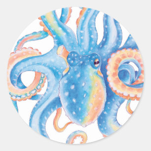 Octopus Tentacles Blue Watercolor Art Classic Round Sticker