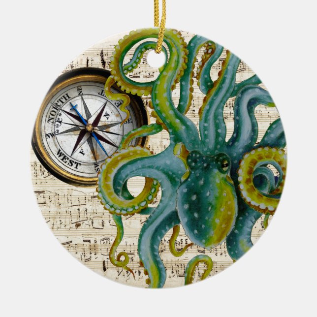 Octopus Tentacles Compass Music Ceramic Tree Decoration (Front)