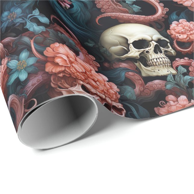 Octopus Tentacles Skull Ocean Underwater Coral Wrapping Paper (Roll Corner)