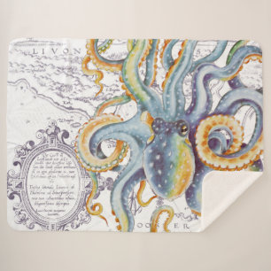Octopus Tentacles Steel Blue Vintage Map Chic Sherpa Blanket