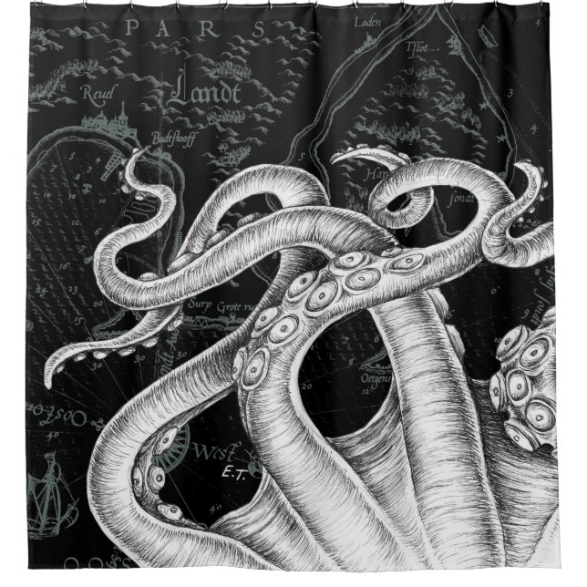 Octopus Tentacles Vintage Map Black Shower Curtain (Front)