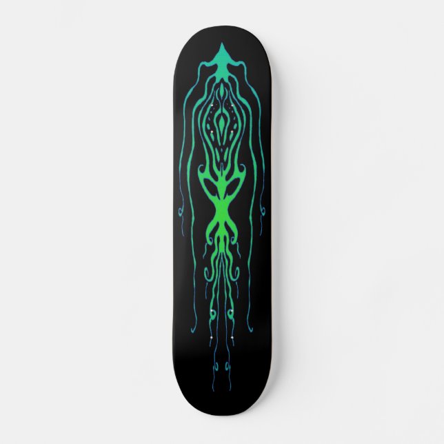 Octopus Tribal Tattoo Squid - green on black Skateboard (Front)