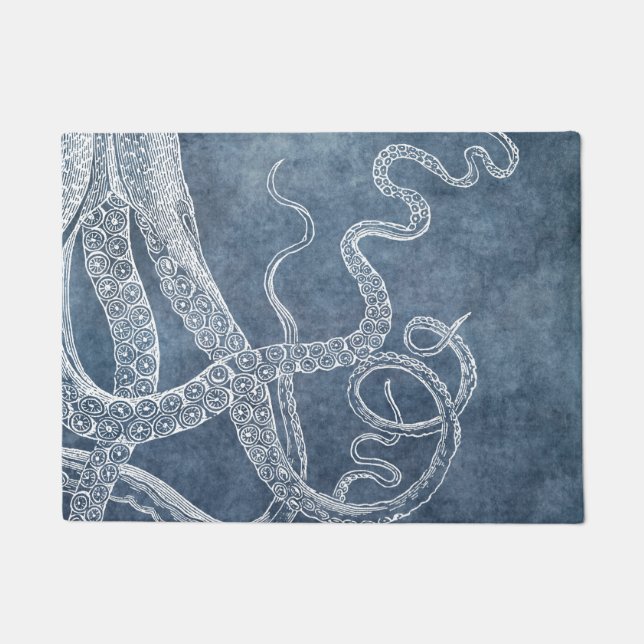 Octopus Twilight Blue Denim Watercolor Art Doormat (Front)