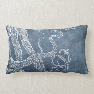 Octopus Twilight Blue Denim Watercolor Art Lumbar Cushion