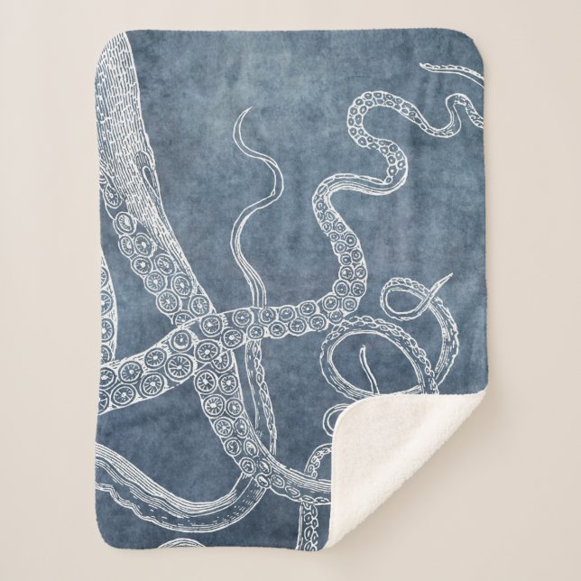 Octopus Twilight Blue Denim Watercolor Art Sherpa Blanket (Front)