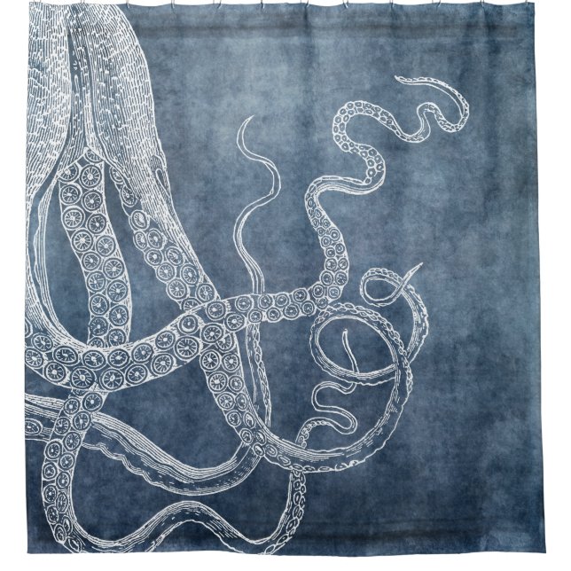 Octopus Twilight Blue Denim Watercolor Art Shower Curtain (Front)