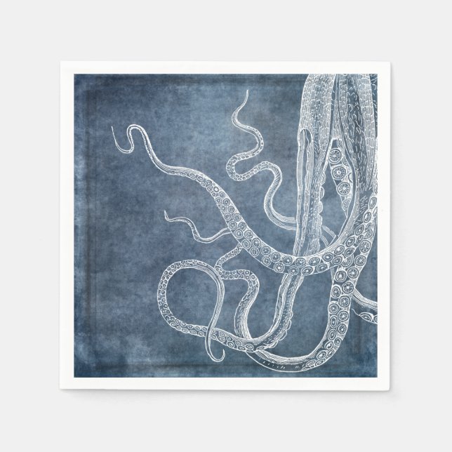 Octopus - Twilight Blue Faded Denim Watercolor Art Napkin (Front)