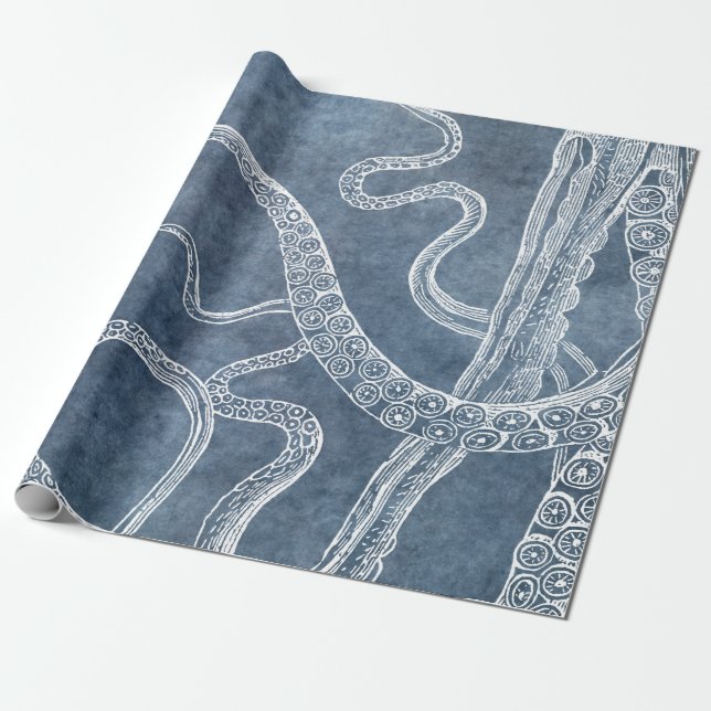 Octopus - Twilight Blue Faded Denim Watercolor Art Wrapping Paper (Unrolled)